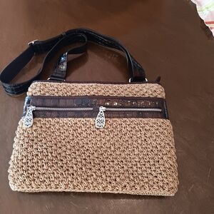 Brighton Tan Woven Crossbody Bag with Black Trim